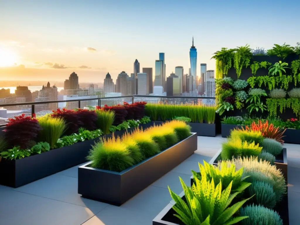 Un jardín urbano vibrante y moderno en azotea, con huertos verticales en azoteas que aportan frescura y comunidad a la ciudad