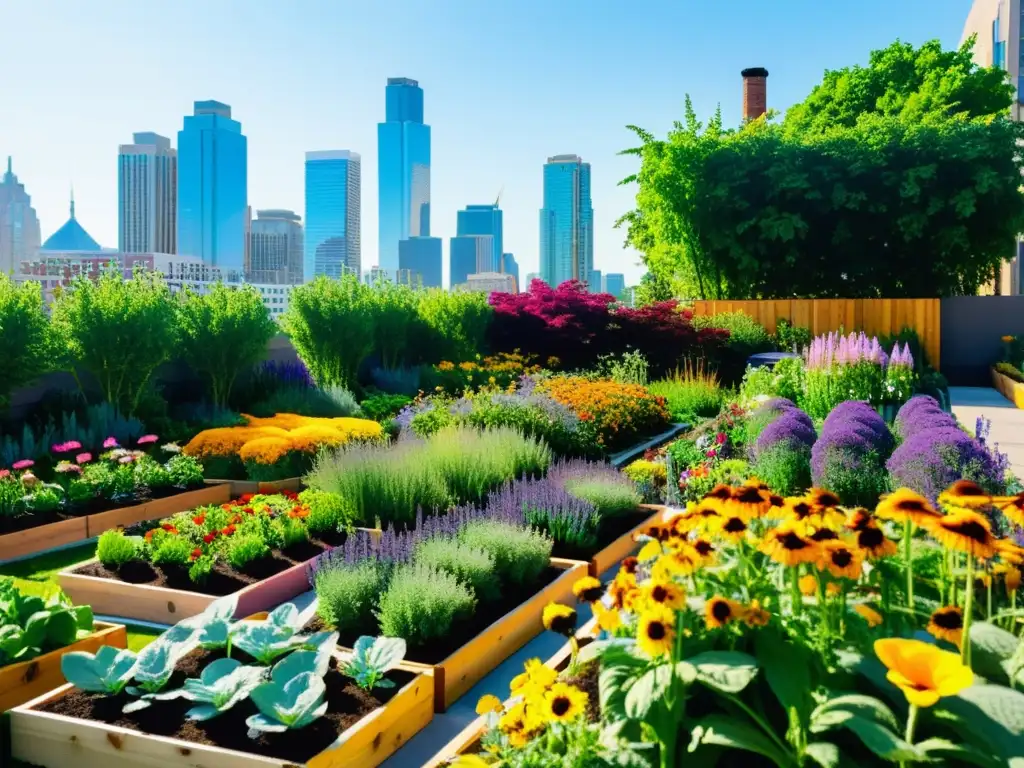 Un jardín urbano vibrante y moderno con flores, hierbas y vegetales coloridos organizados en camas elevadas y contenedores