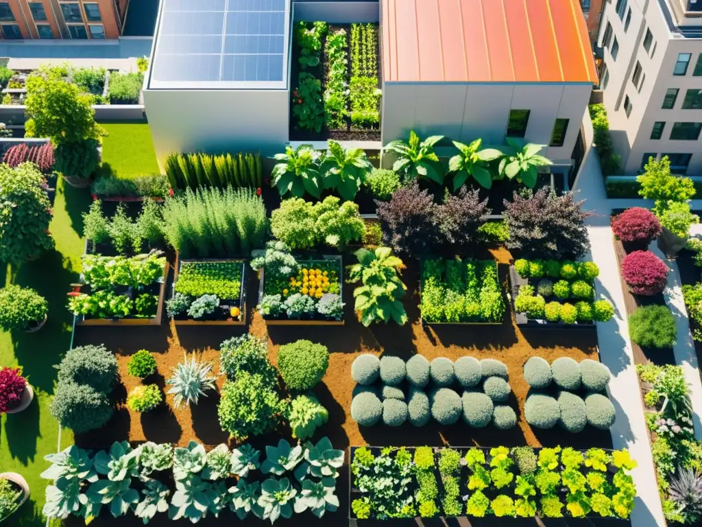 Un jardín urbano vibrante y moderno, con frutas, verduras y hierbas en camas elevadas