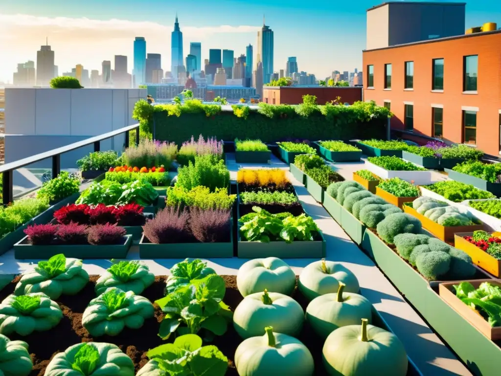 Un jardín urbano vibrante y moderno, con frutas y verduras coloridas, abejas y personas cuidando las cosechas