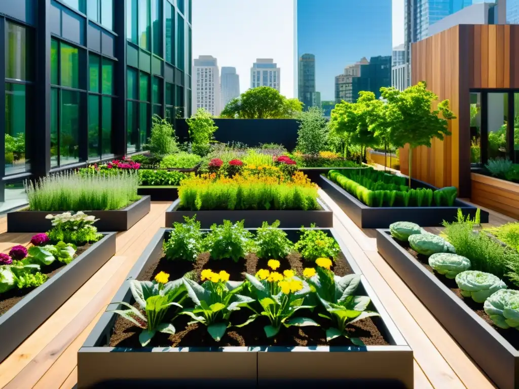 Un jardín urbano vibrante y moderno con hortalizas y flores coloridas en camas elevadas de madera oscura