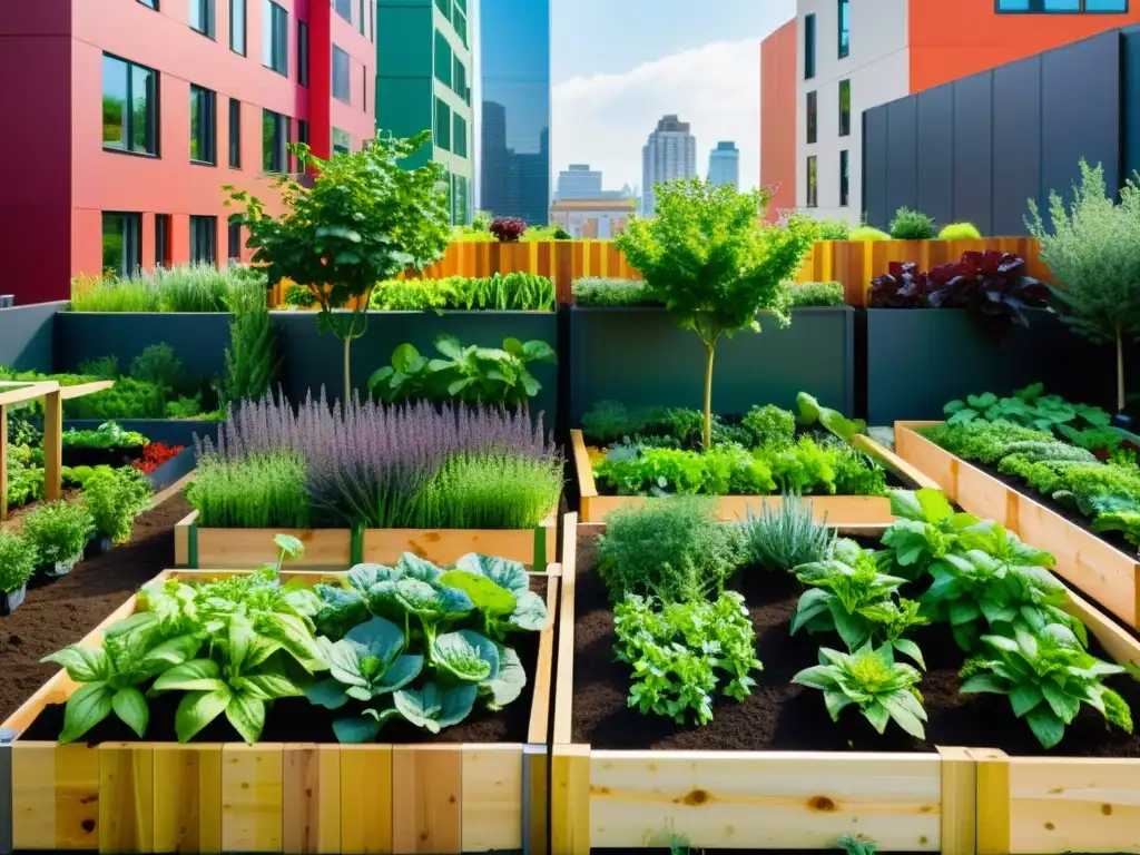 Un jardín urbano vibrante y moderno con hortalizas y hierbas en mesas organizadas