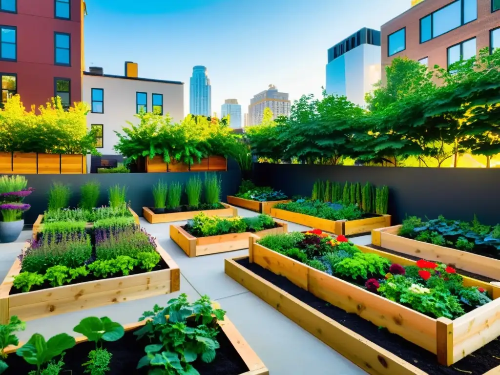 Un jardín urbano vibrante y moderno con huertos elevados, vegetación exuberante y flores coloridas, brindando beneficios para la salud mental