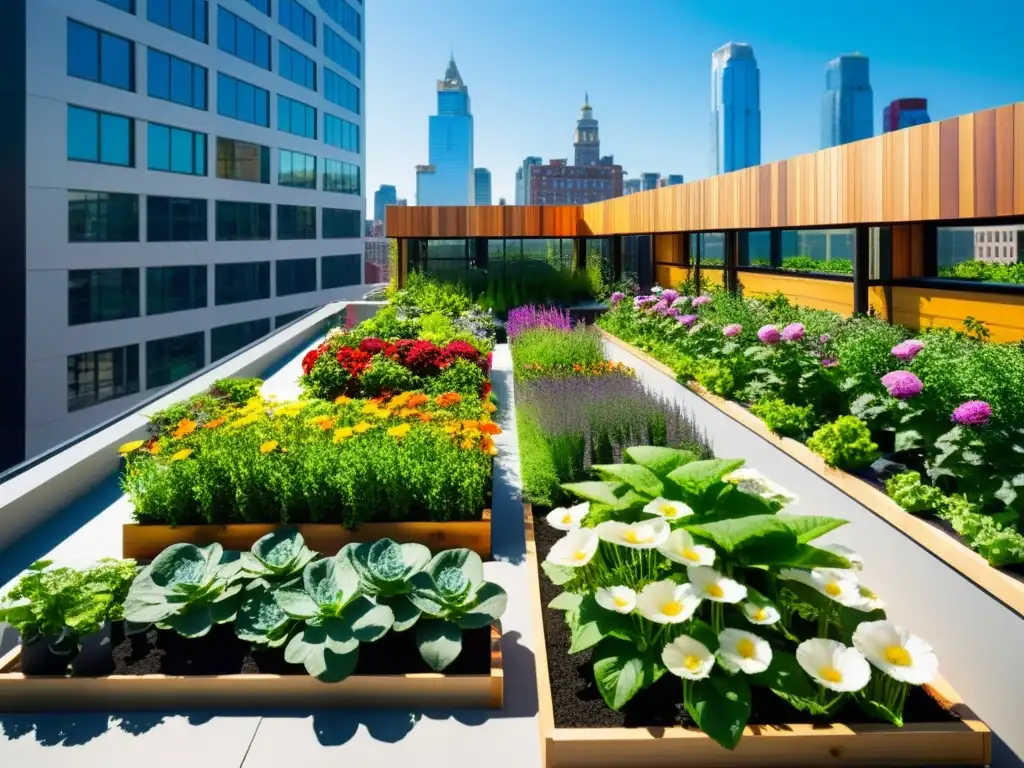 Un jardín urbano vibrante y moderno con huertos verticales, sinergia de abejas y naturaleza urbana en armonía