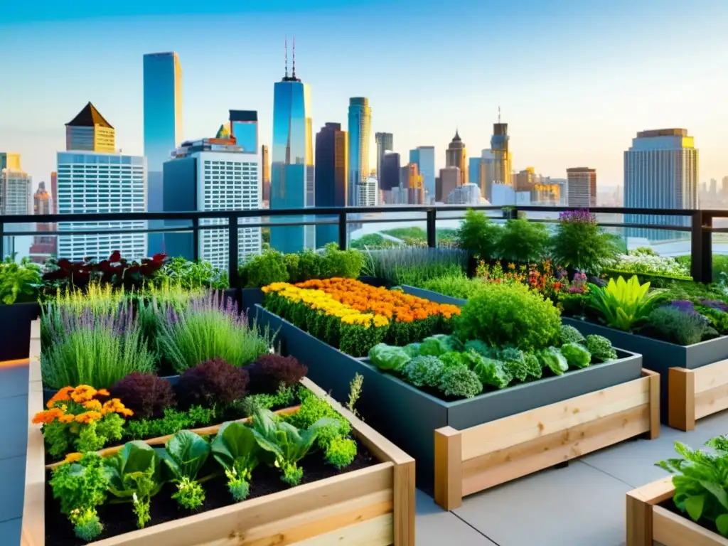 Un jardín urbano vibrante y moderno con huertos verticales, plantas exuberantes y coloridas flores, en armonía con la vida urbana