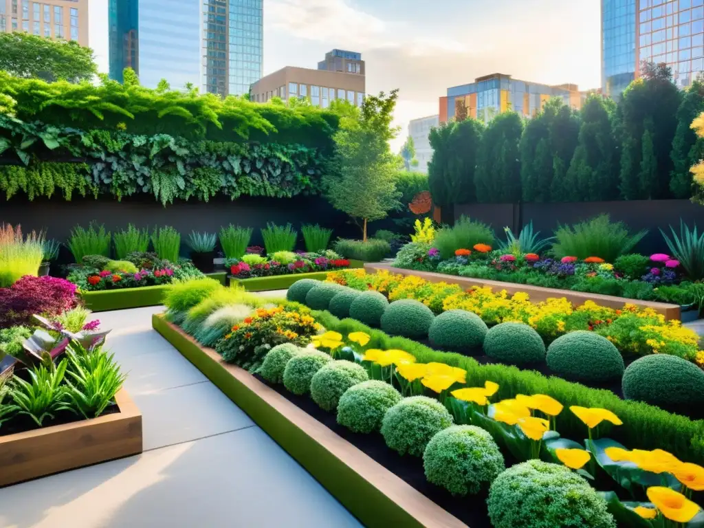 Un jardín urbano vibrante y moderno con huertos urbanos para aliviar depresión, rodeado de edificios altos y vida comunitaria