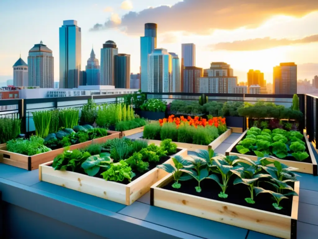 Un jardín urbano vibrante y moderno con huertos organizados, vegetales coloridos y hierbas