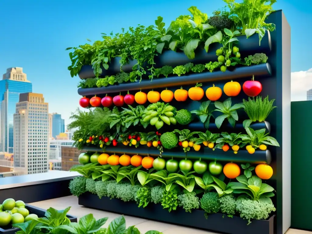 Un jardín urbano vibrante y moderno con huertos verticales rebosantes de vegetales y frutas