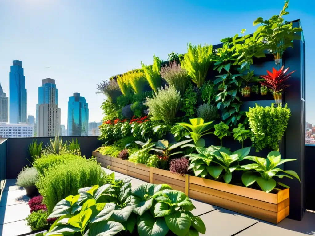 Un jardín urbano vibrante y moderno con huertos verticales orgánicos urbanos, bañado por la luz del sol entre edificios de la ciudad