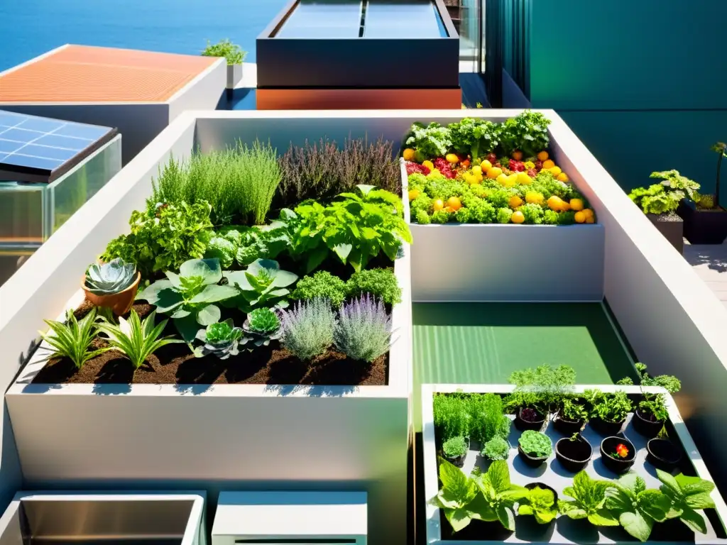 Un jardín urbano vibrante y moderno con un innovador sistema de acuaponía integrado