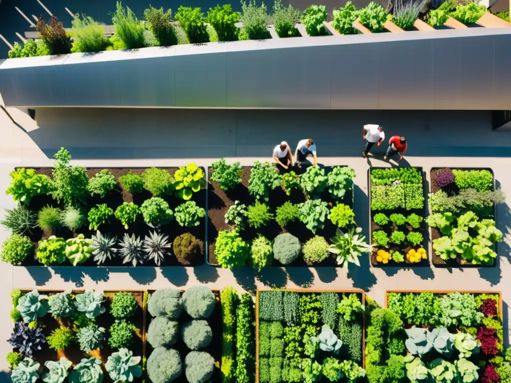 Un jardín urbano vibrante y moderno, lleno de verduras y hierbas coloridas, con personas compartiendo consejos para agricultura urbana