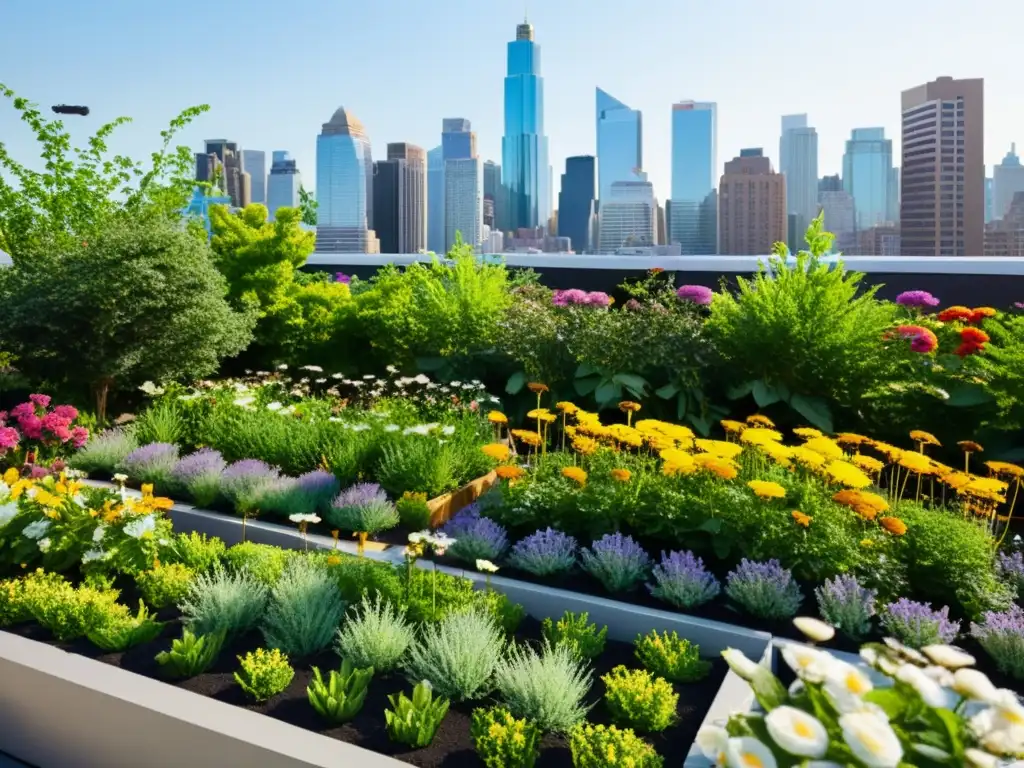 Un jardín urbano vibrante y moderno, lleno de vegetación exuberante y vida insectil diversa