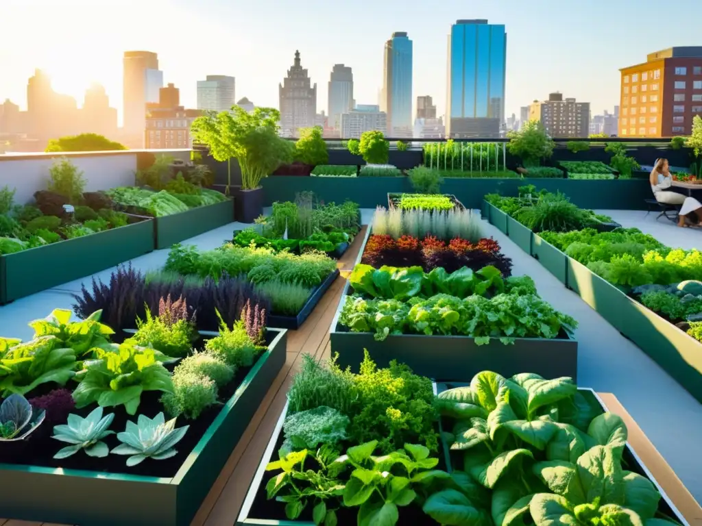 Un jardín urbano vibrante y moderno en medio de la ciudad, con vegetales y hierbas verdes en camas elevadas