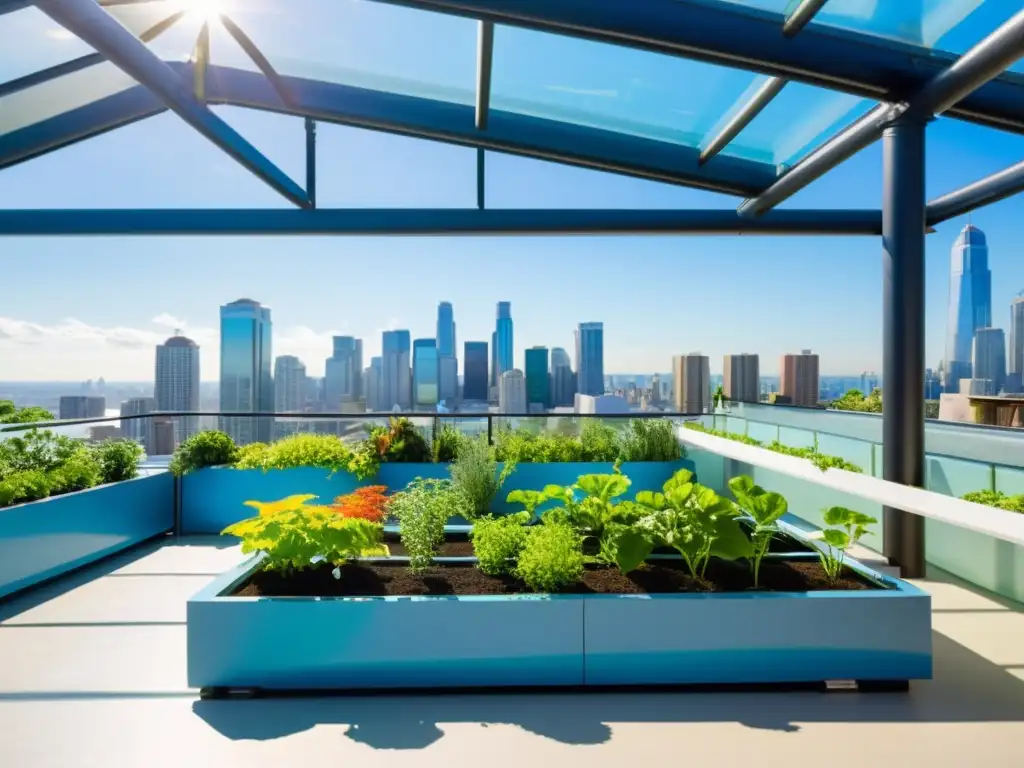 Un jardín urbano vibrante y moderno con peces coloridos en tanques acuapónicos