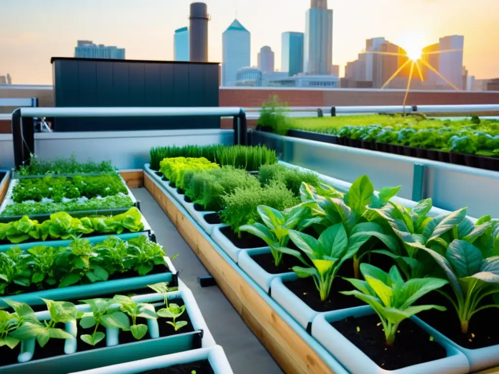 Un jardín urbano vibrante y moderno con plantas verdes exuberantes y verduras coloridas en crecimiento