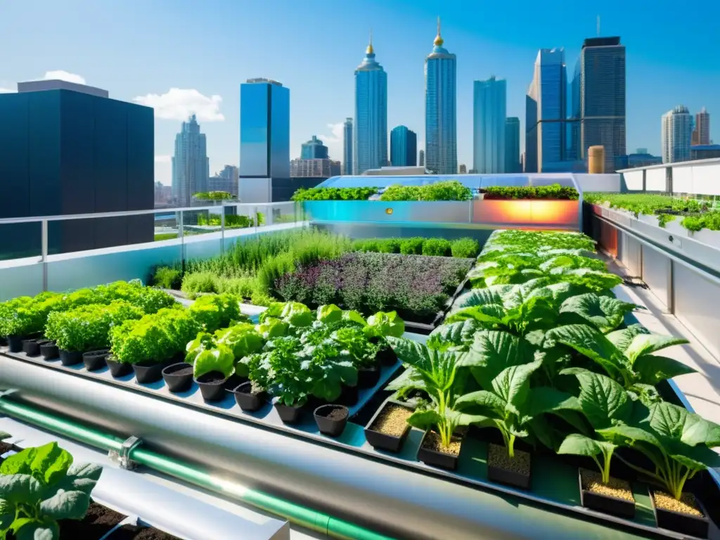 Un jardín urbano vibrante y moderno con plantas exuberantes y hortalizas coloridas, rodeado de elegantes sistemas acuapónicos futuristas