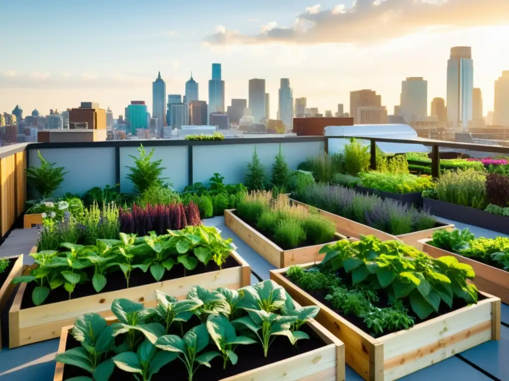 Un jardín urbano vibrante y moderno con plantas verdes exuberantes en camas elevadas, cultivando una variedad diversa de vegetales y hierbas