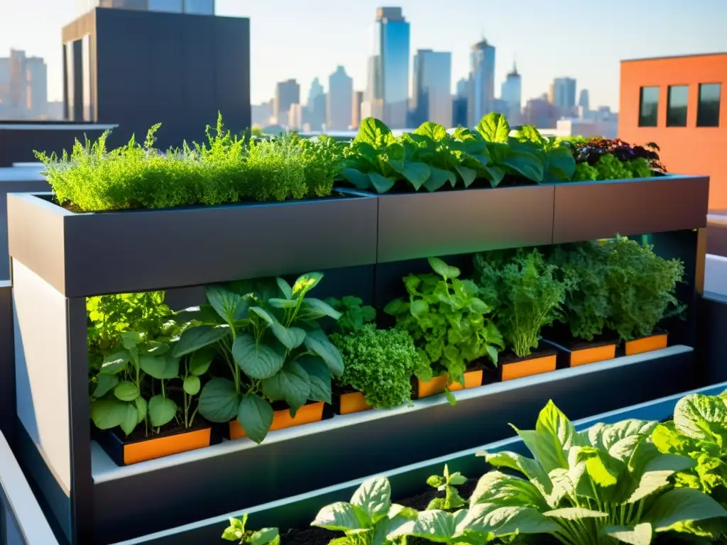 Un jardín urbano vibrante y moderno con plantas exuberantes y hortalizas en sistemas acuapónicos