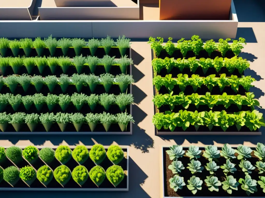 Un jardín urbano vibrante y moderno con riego subterráneo controlado para agricultura urbana