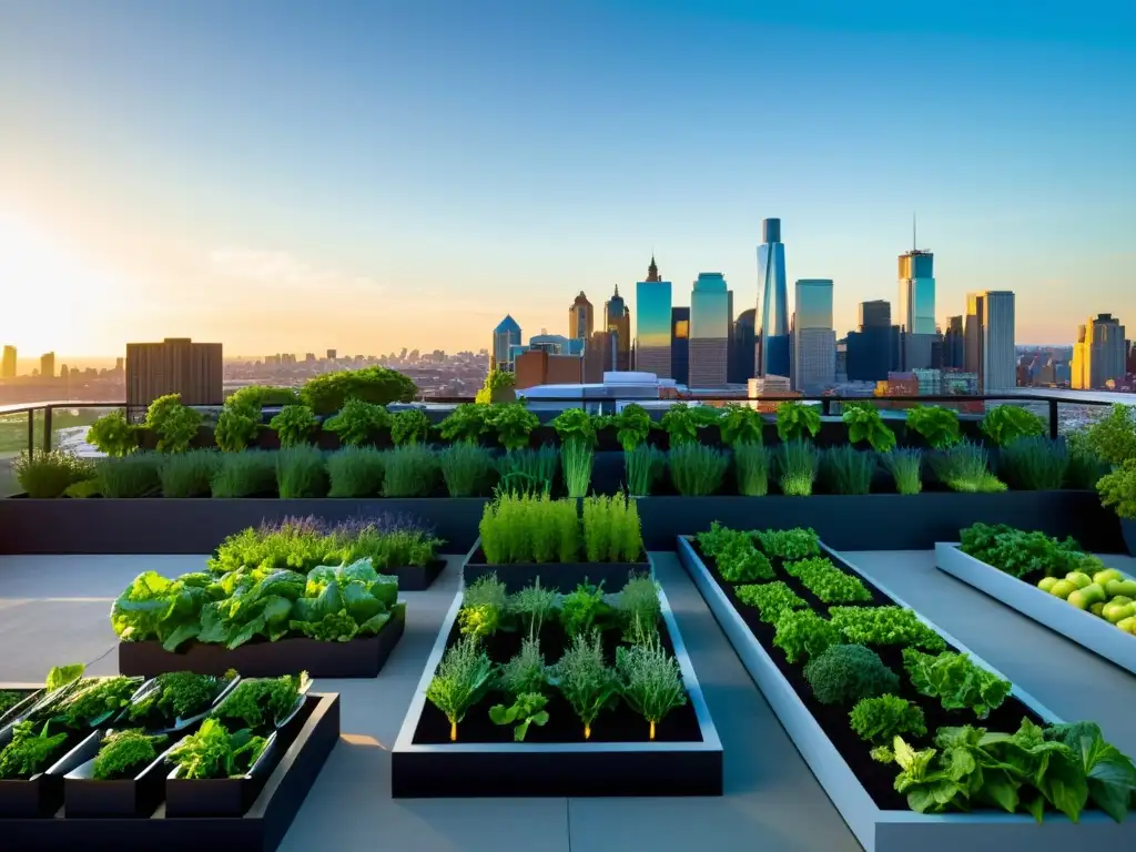 Un jardín urbano vibrante y moderno en sistemas verticales, con hortalizas y hierbas, bañado por la cálida luz del atardecer en la ciudad