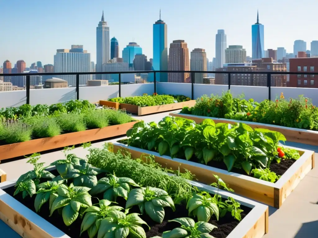 Un jardín urbano vibrante y moderno con variaciones estacionales, biodiversidad y huertos verticales en la ciudad