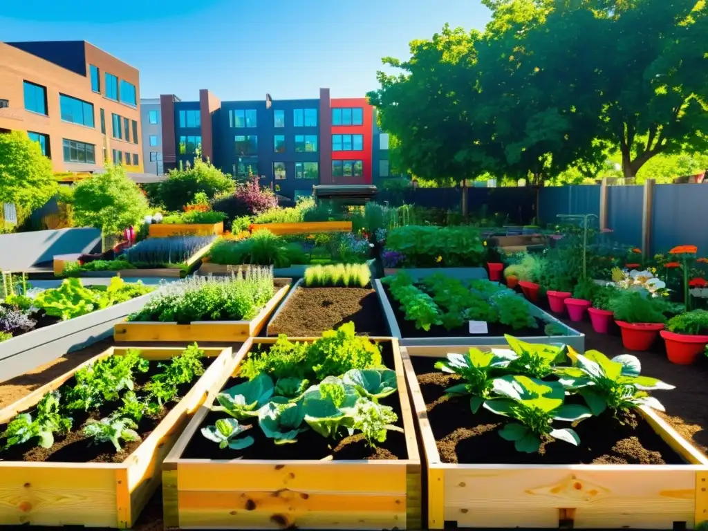 Un jardín urbano vibrante y moderno con variedad de vegetales, hierbas y flores