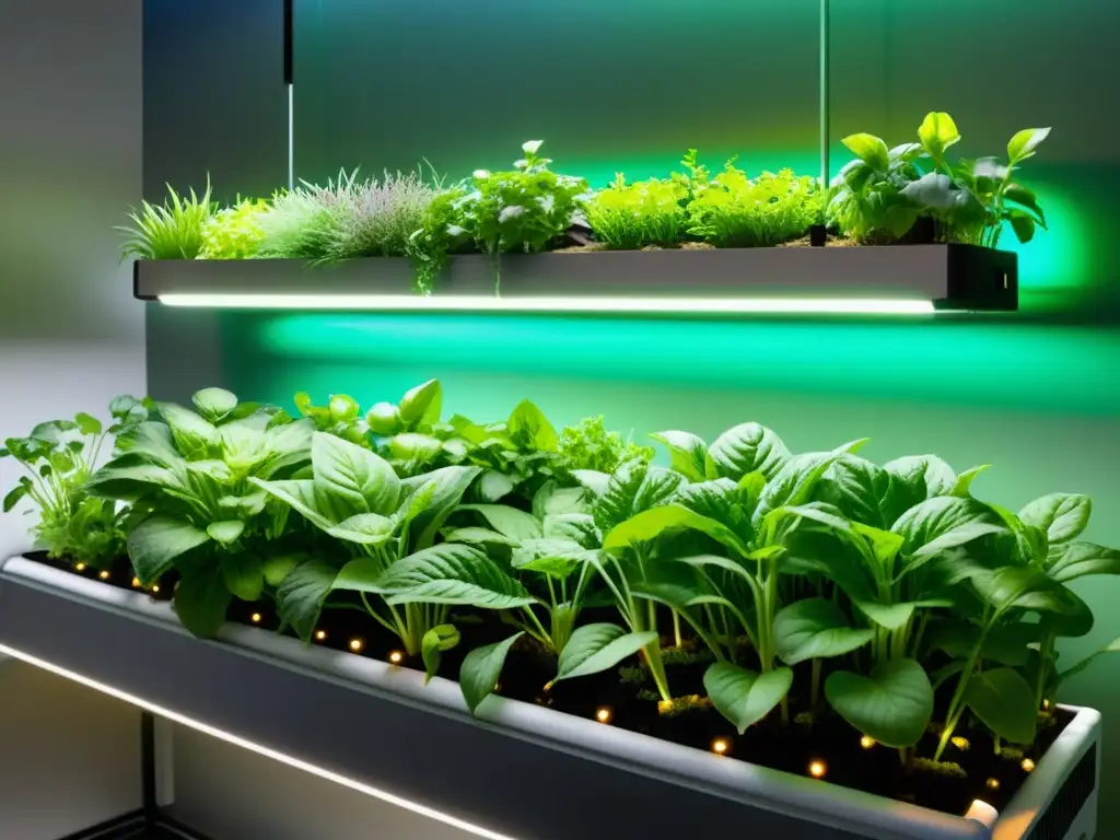 Un jardín acuapónico urbano, vibrante y moderno, muestra una variedad de vegetales en un sistema hidropónico