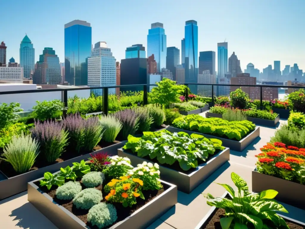 Un jardín urbano vibrante y moderno, con una variedad de plantas prósperas organizadas en camas elevadas