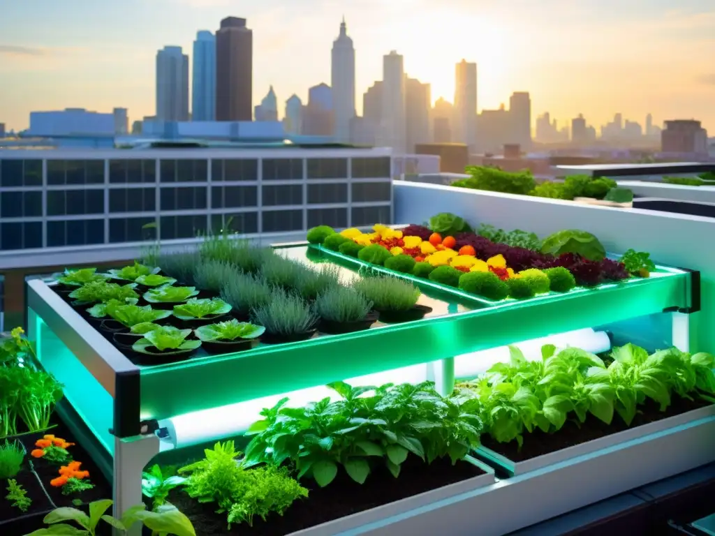 Un jardín urbano de acuaponía vibrante y moderno, con vegetales coloridos y exuberante vegetación