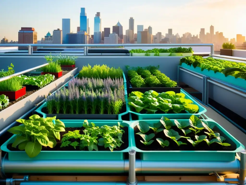 Un jardín urbano vibrante y moderno con vegetales coloridos en un sistema de acuaponía para antioxidantes urbanos, con la ciudad de fondo