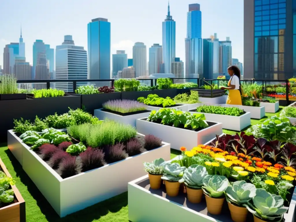 Un jardín urbano vibrante y moderno con vegetales y hierbas coloridas, rodeado de rascacielos