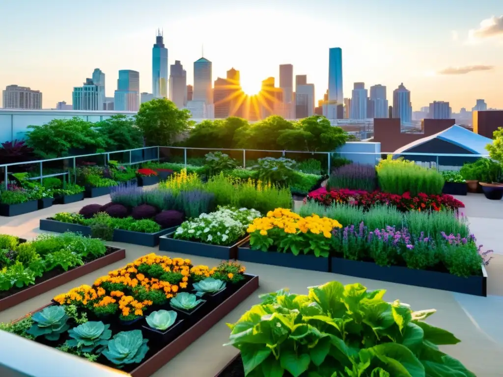 Jardín urbano vibrante y moderno con verdor exuberante, flores coloridas y huertos ordenados