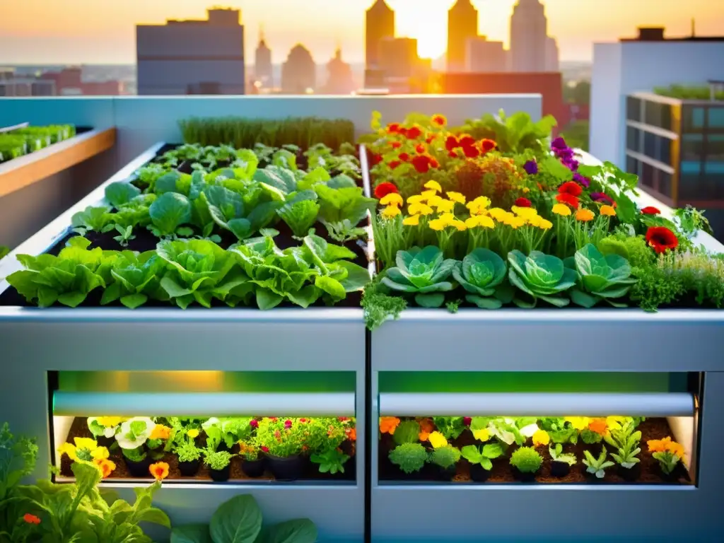 Un jardín urbano vibrante y moderno con verduras verdes y flores comestibles, muestra la integración de la acuaponía en la vida urbana