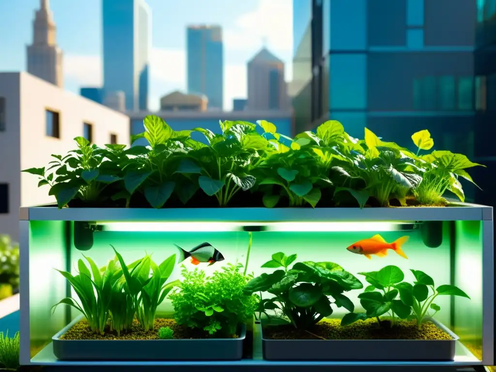 Un jardín acuapónico urbano vibrante y moderno, con verduras verdes y peces coloridos