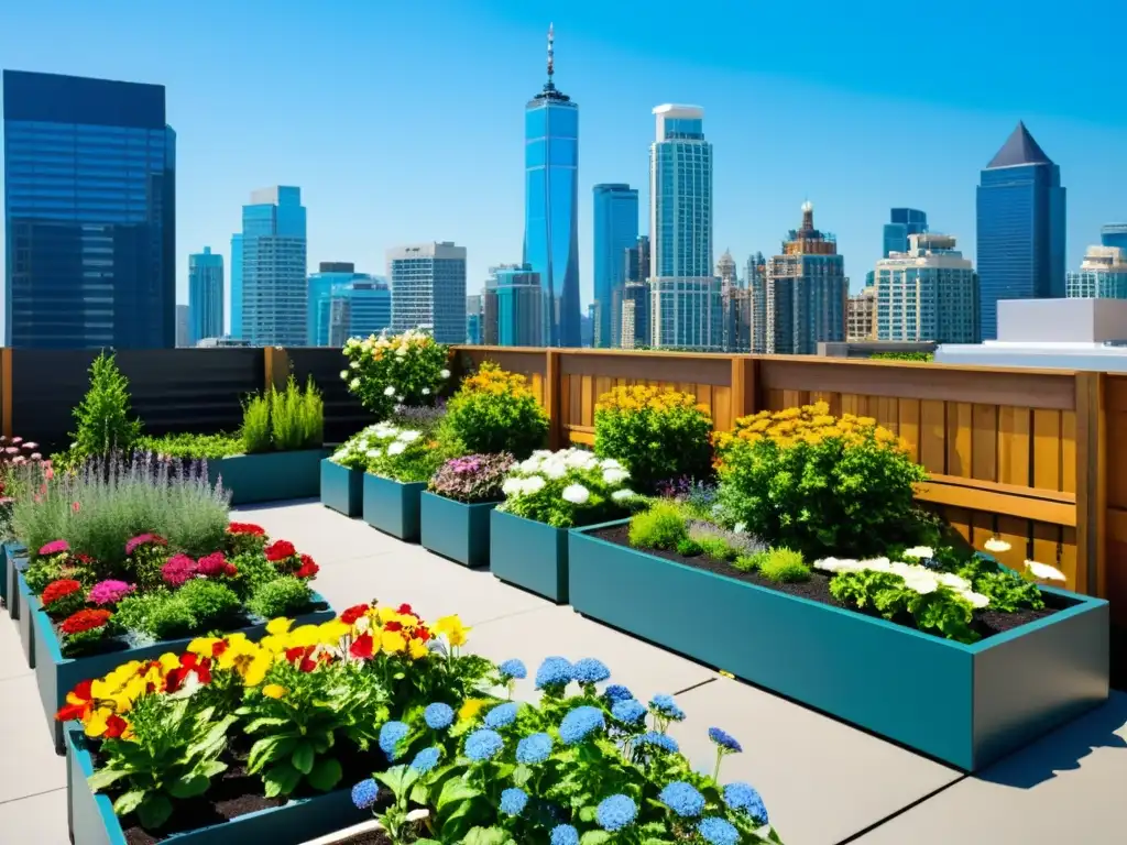 Un jardín urbano vibrante, oasis en la ciudad, con plantas exuberantes y flores coloridas