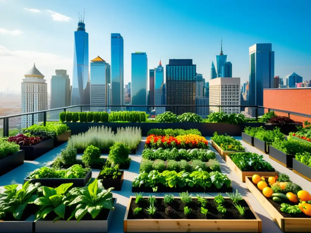 Un jardín urbano vibrante y organizado con huertos verticales, en contraste con el horizonte de la ciudad moderna