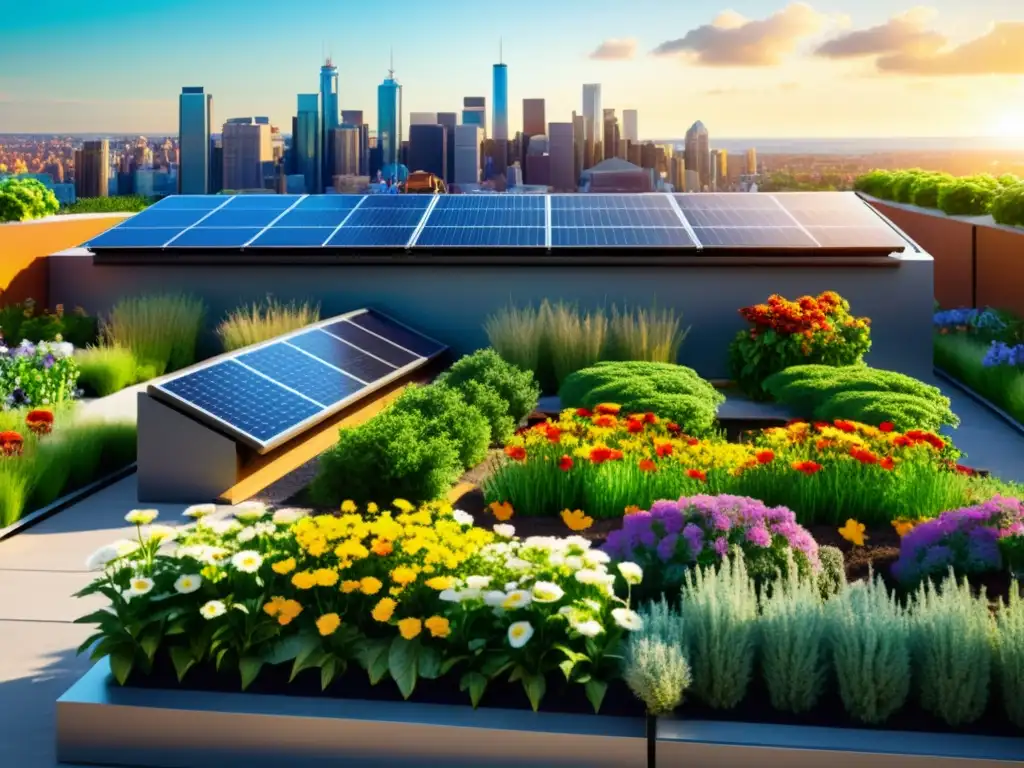 Un jardín urbano vibrante con paneles solares integrados, simbolizando la integración de energías renovables en huertos urbanos