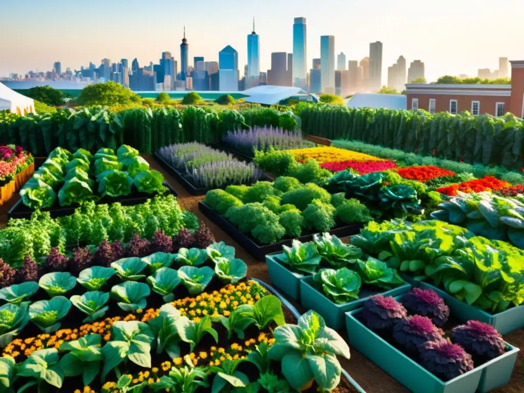 Un jardín urbano vibrante con personas cosechando vegetales frescos y flores coloridas en un huerto vertical