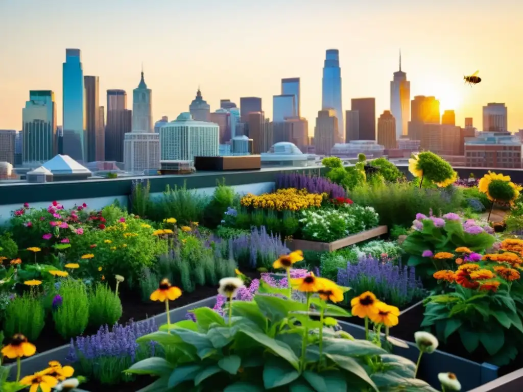 Un jardín urbano vibrante con plantas atractivas para polinizadores urbanos, lleno de color y vitalidad bajo el cálido sol, con la ciudad de fondo