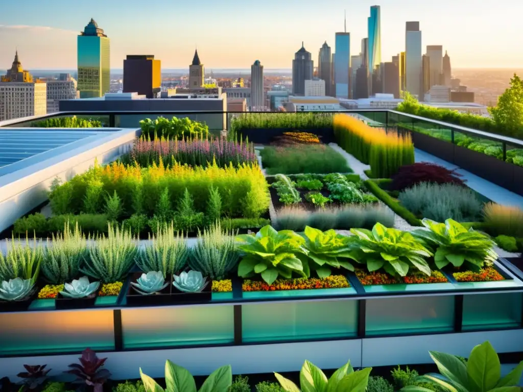 Un jardín urbano vibrante con plantas exuberantes y verduras coloridas, rodeado de arquitectura contemporánea