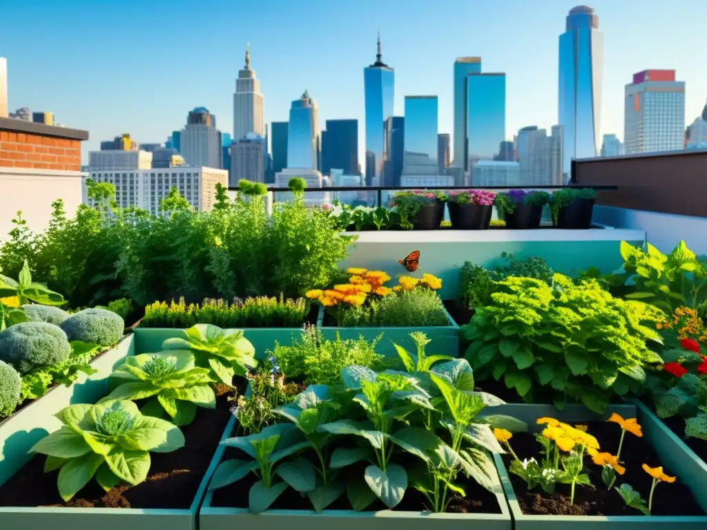 Un jardín urbano vibrante con plantas exuberantes, flores coloridas y vegetales