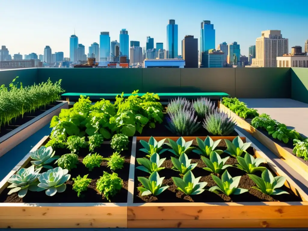 Un jardín urbano vibrante con plantas exuberantes y hortalizas coloridas, destacando un riego ecológico para huertos urbanos