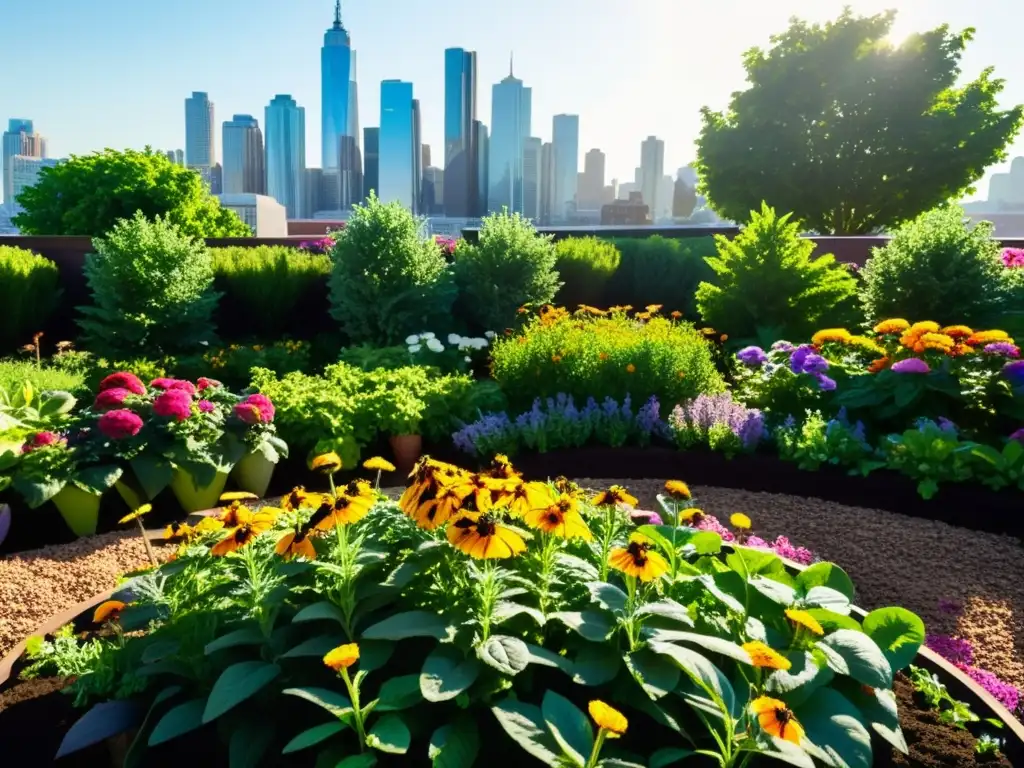 Jardín urbano vibrante con plantas exuberantes y flores coloridas, reflejando la coexistencia de naturaleza y vida urbana