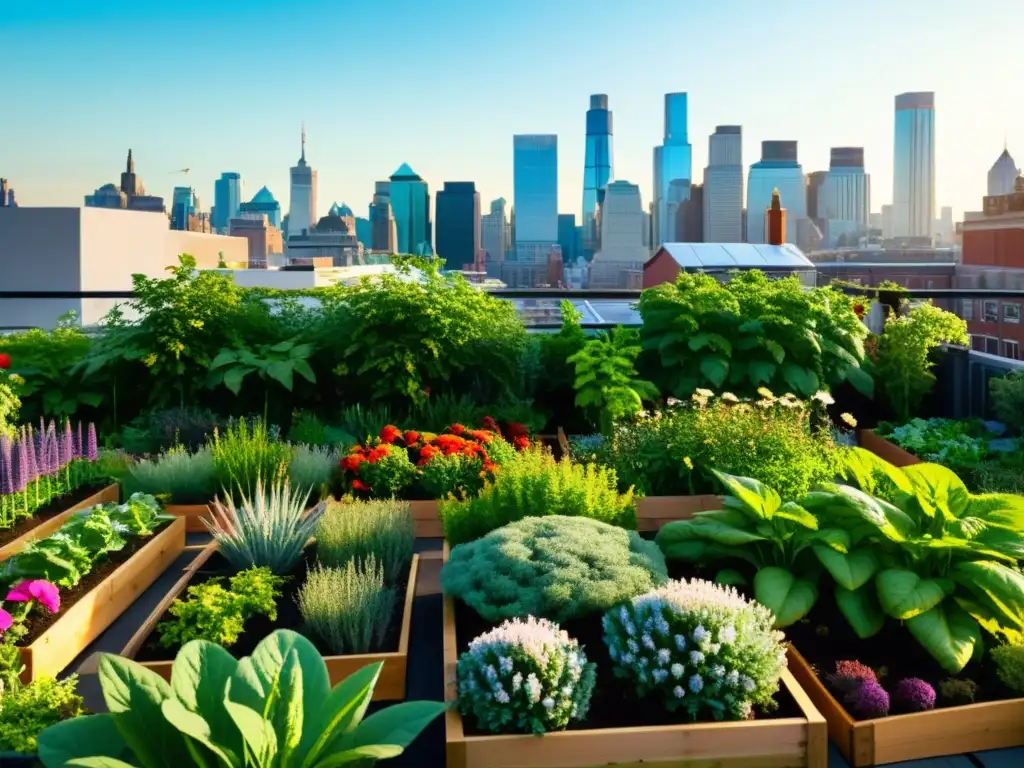 Un jardín urbano vibrante con plantas exuberantes y vegetales, bañado por la cálida luz del sol