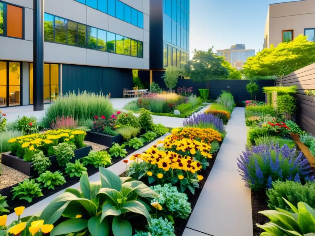 Un jardín urbano vibrante con plantas verdes exuberantes y flores coloridas, rodeado de edificios modernos