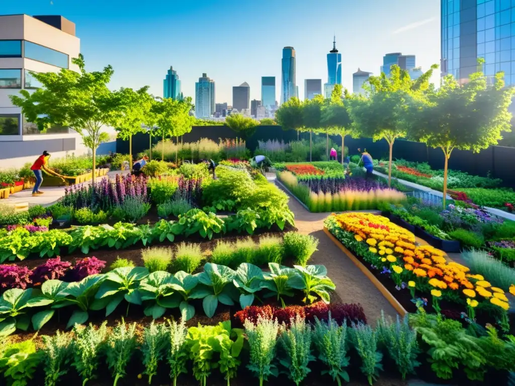 Un jardín urbano vibrante con plantas verdes y flores coloridas, rodeado de edificios modernos