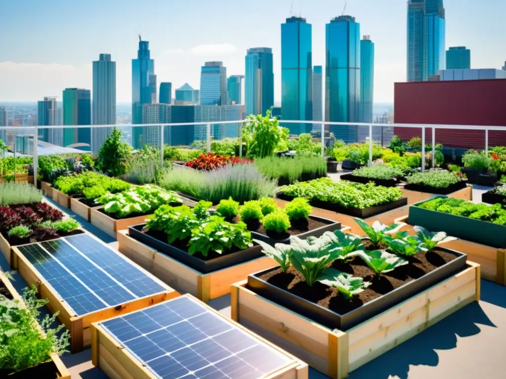 Jardín urbano vibrante con plantas verdes y hortalizas en camas elevadas y contenedores