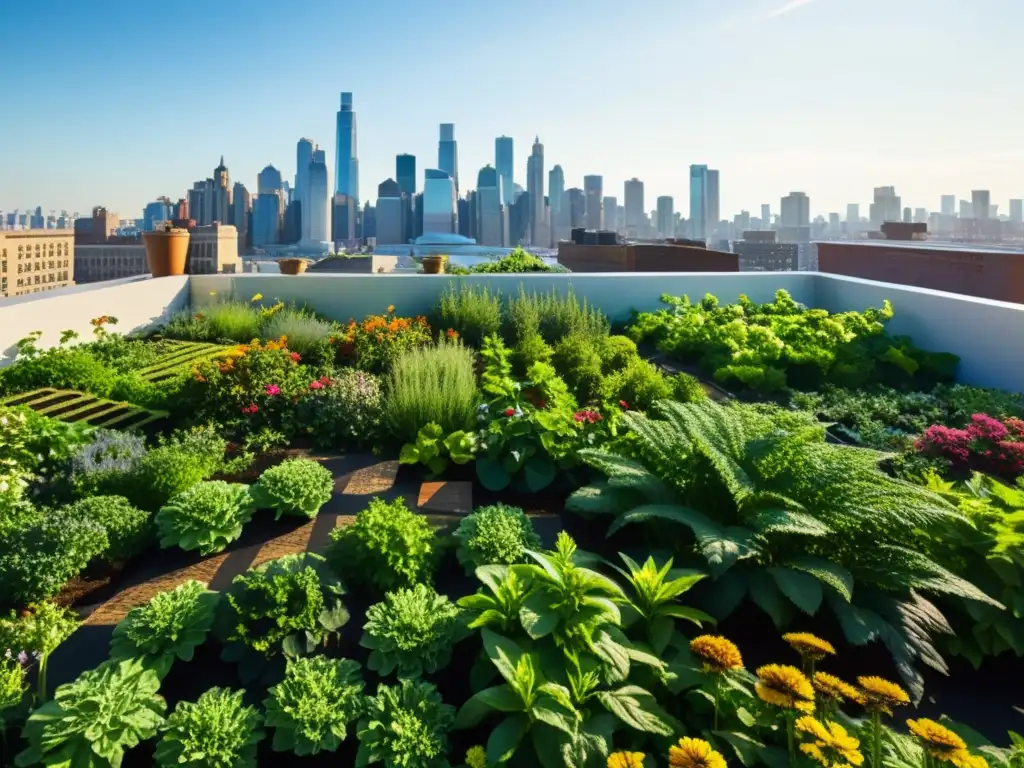 Un jardín urbano vibrante con plantas verdes, abejas y mariposas