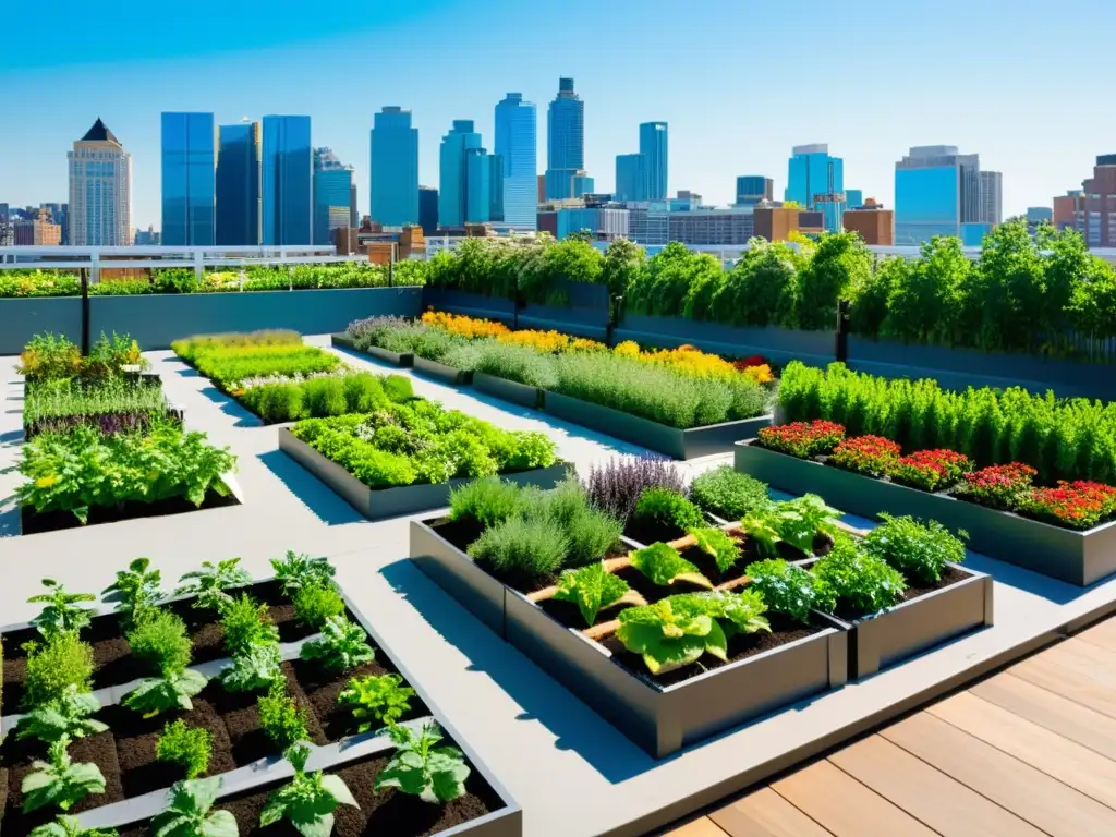 Jardín urbano vibrante con plantas verdes y edificios contemporáneos, captura de leads en agricultura urbana