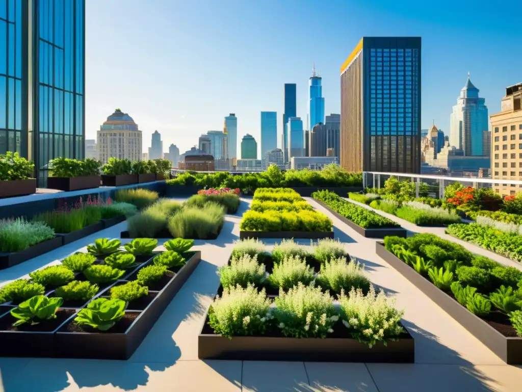 Jardín urbano vibrante con plantas verdes en filas ordenadas, edificios altos de fondo y luz solar dinámica